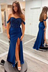 Cheap Navy Blue Prom Dresses Corset Off The Shoulder with Slit